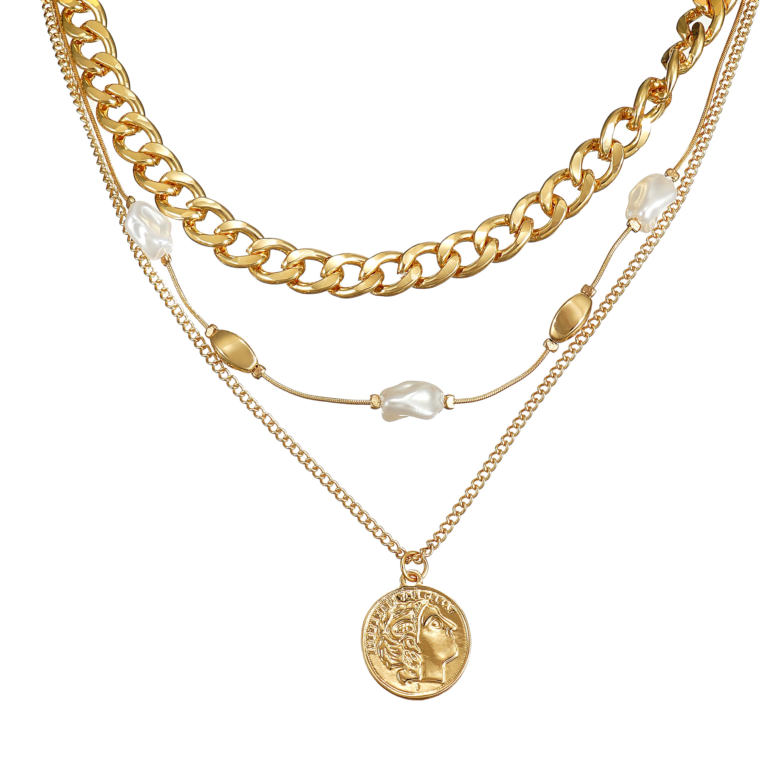 Layered Coin Necklace with Pearl in Yellow Gold Over Brass
