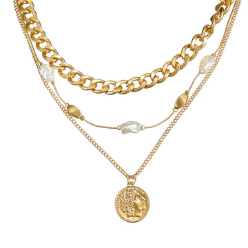 Layered Coin Necklace with Pearl in Yellow Gold Over Brass
