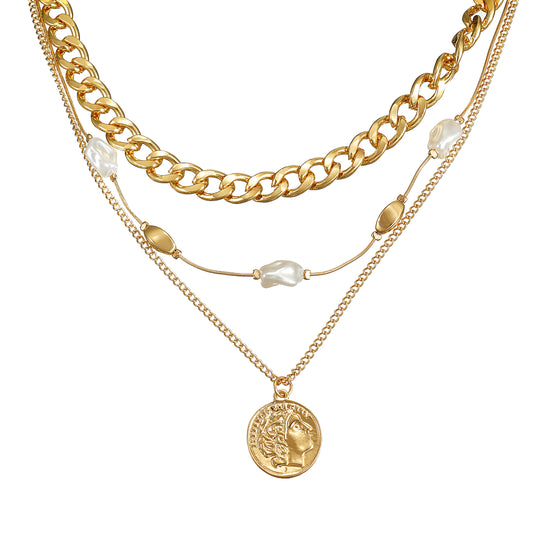 Layered Coin Necklace with Pearl in Yellow Gold Over Brass
