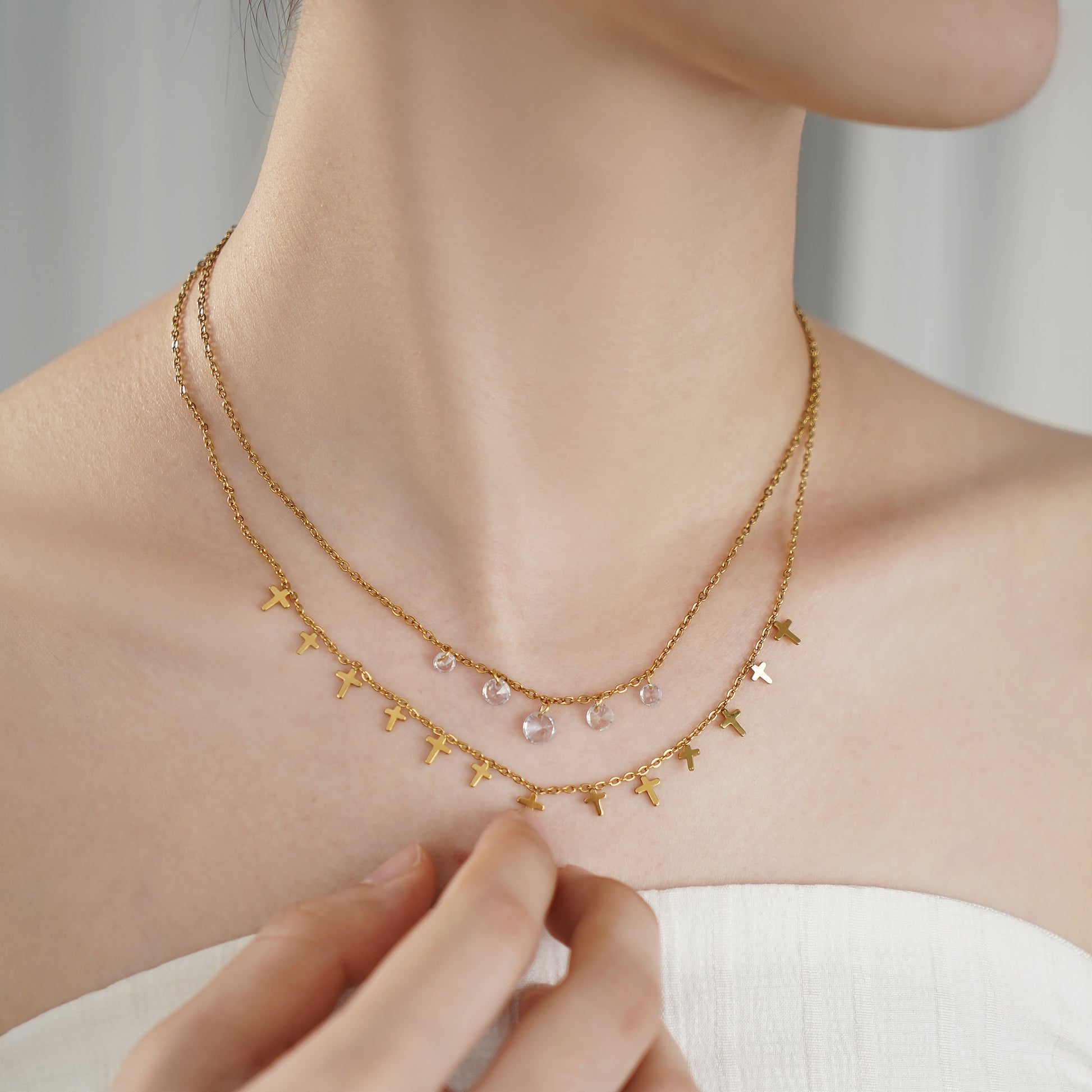 Cross Charm Layered Necklace with Diamond Simulated in Stainless Steel in IP Yellow Gold 18"+2" extender- Stars and Vogue