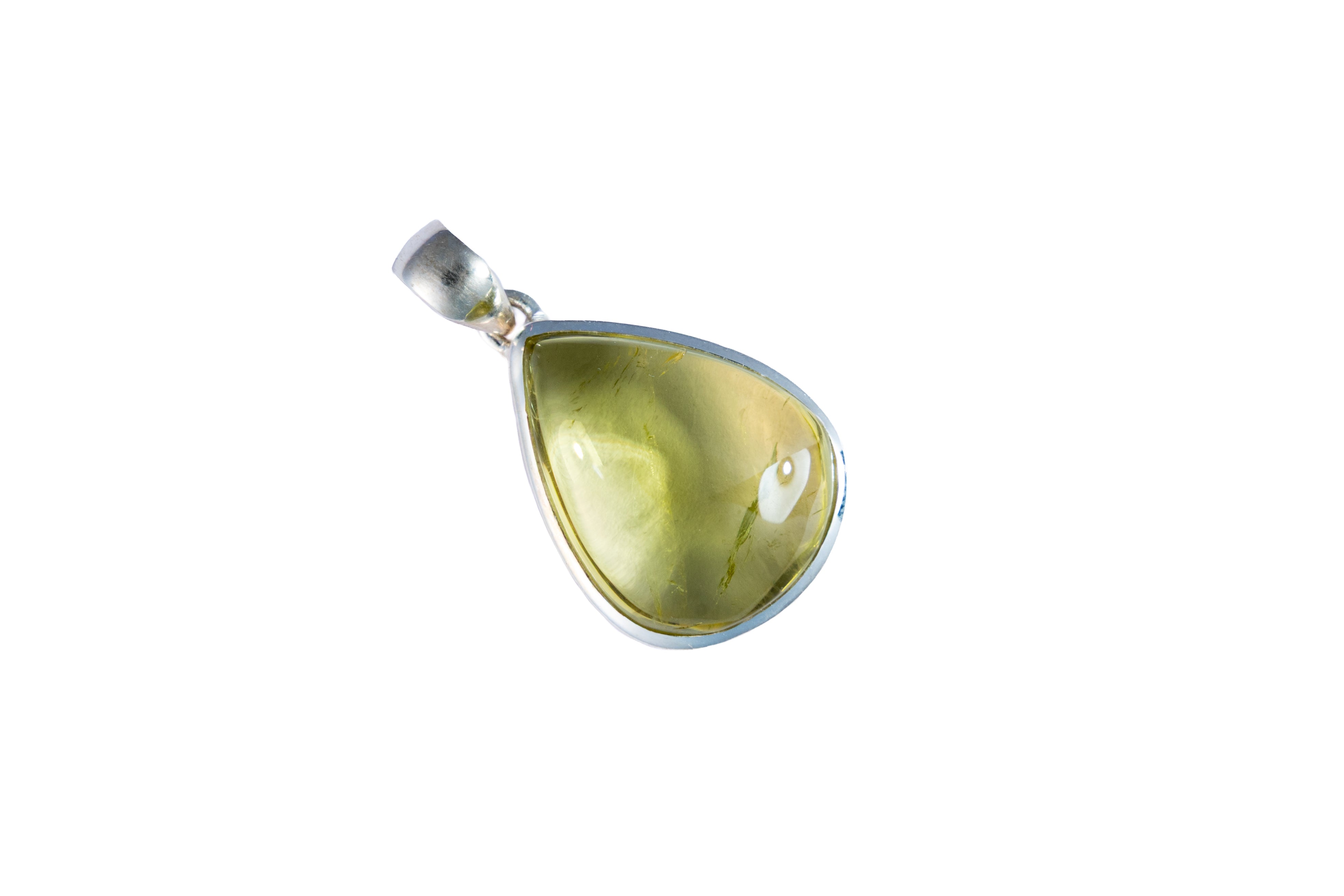 A teardrop-shaped amber pendant against white background.