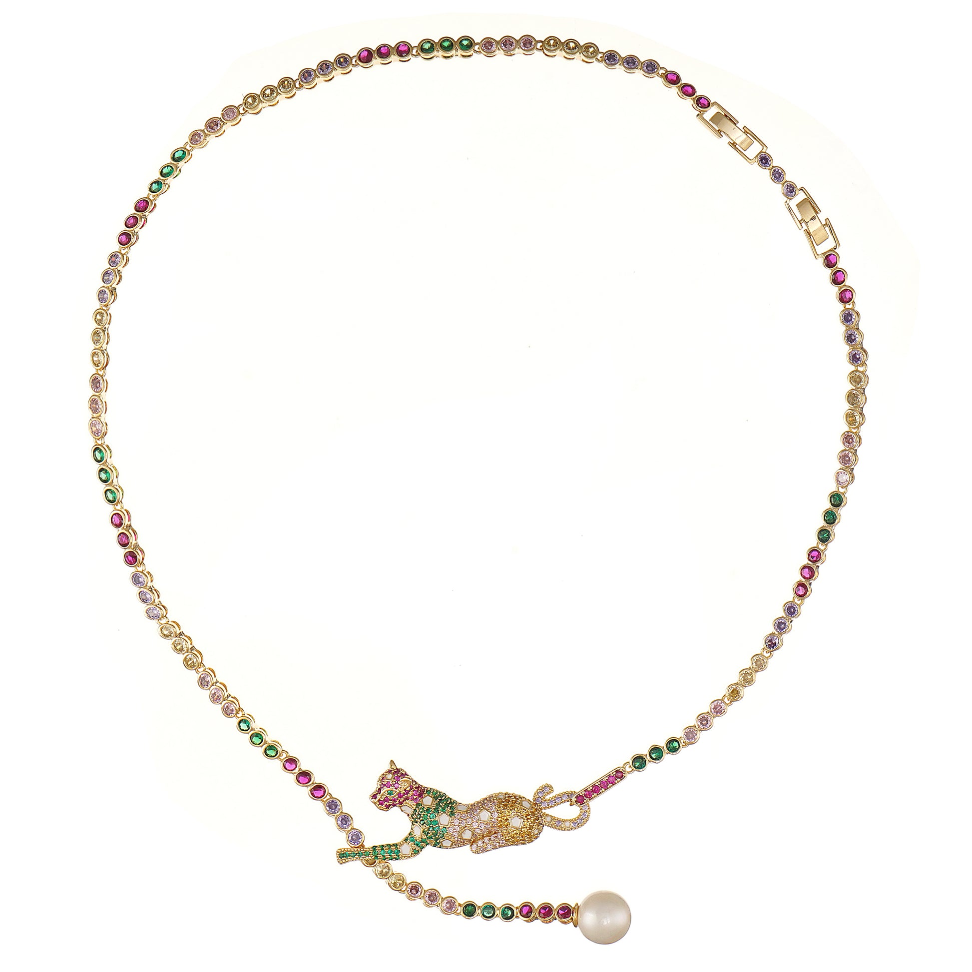 Leopard Adjustable Length Necklace with Pave Multicolor Simulated Diamond and Pearl in Yellow Gold Plating 24"- Stars and Vogue
