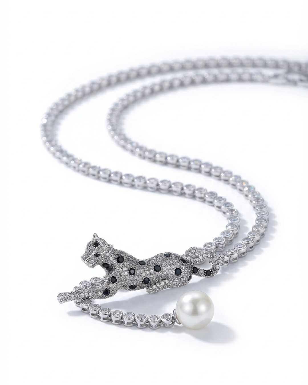 Leopard Adjustable Length Necklace with Pave Simulated Diamond and Pearl 24"