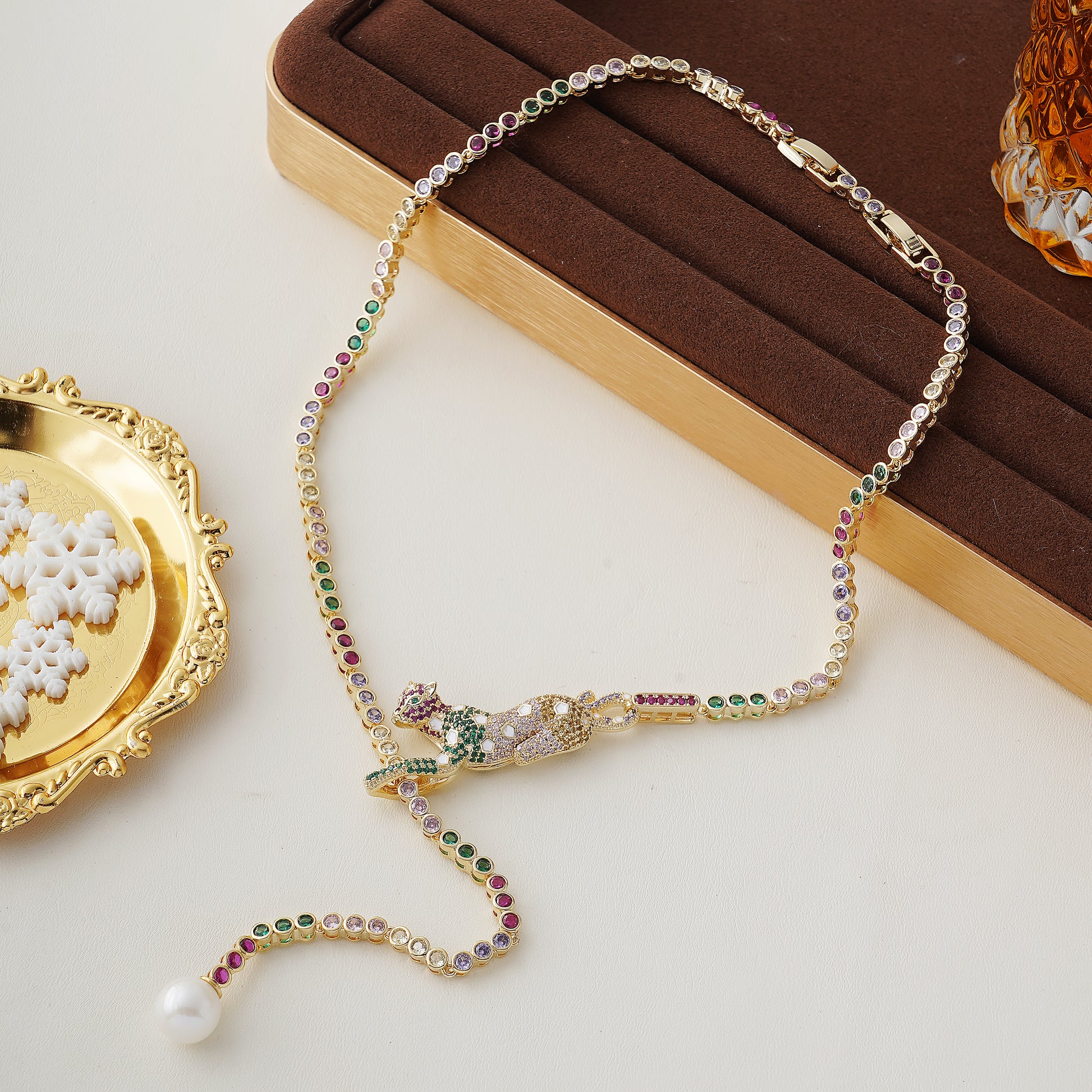 Leopard Adjustable Length Necklace with Pave Multicolor Simulated Diamond and Pearl in Yellow Gold Plating 24"- Stars and Vogue