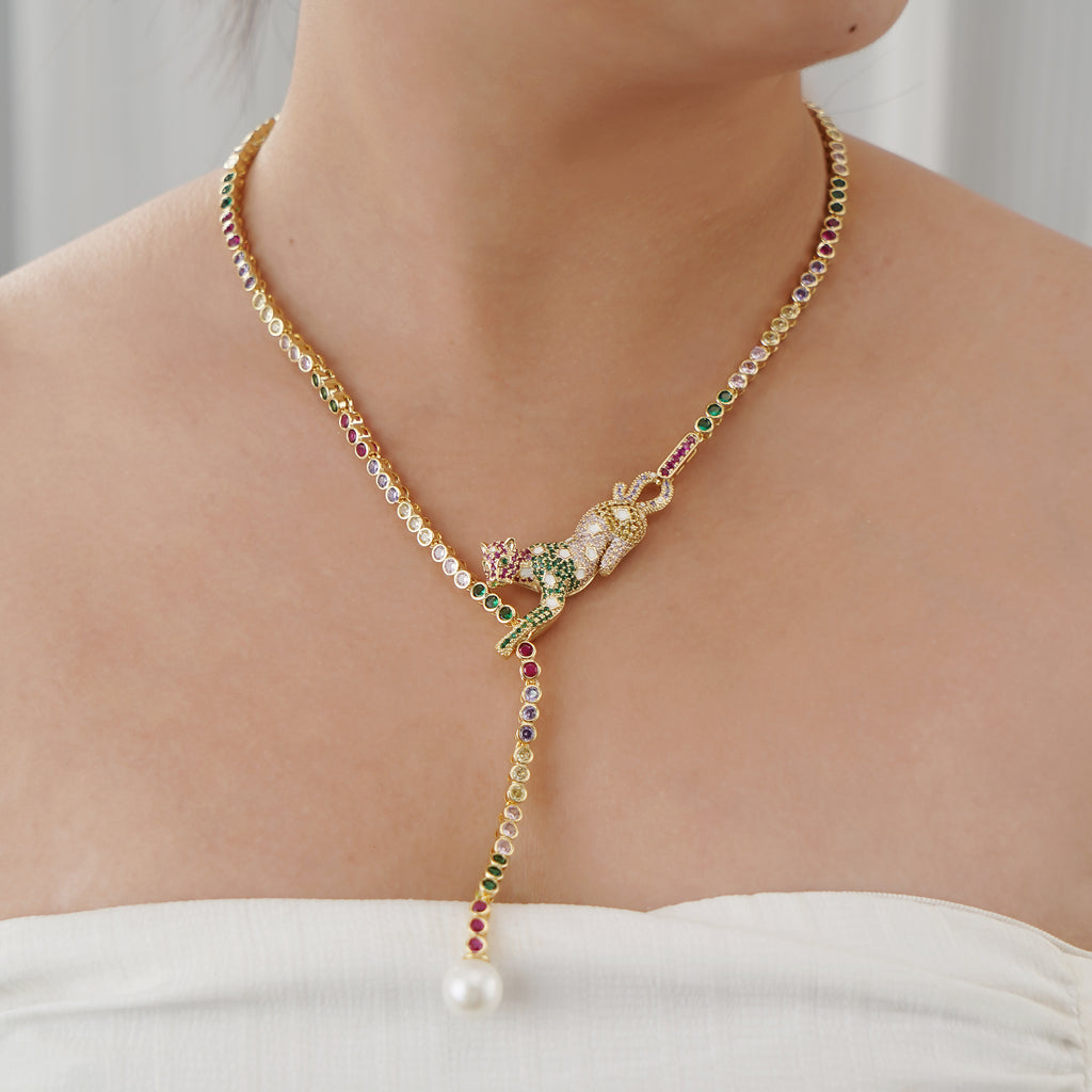 Leopard Adjustable Length Necklace with Pave Multicolor Simulated Diamond and Pearl in Yellow Gold Plating 24"- Stars and Vogue