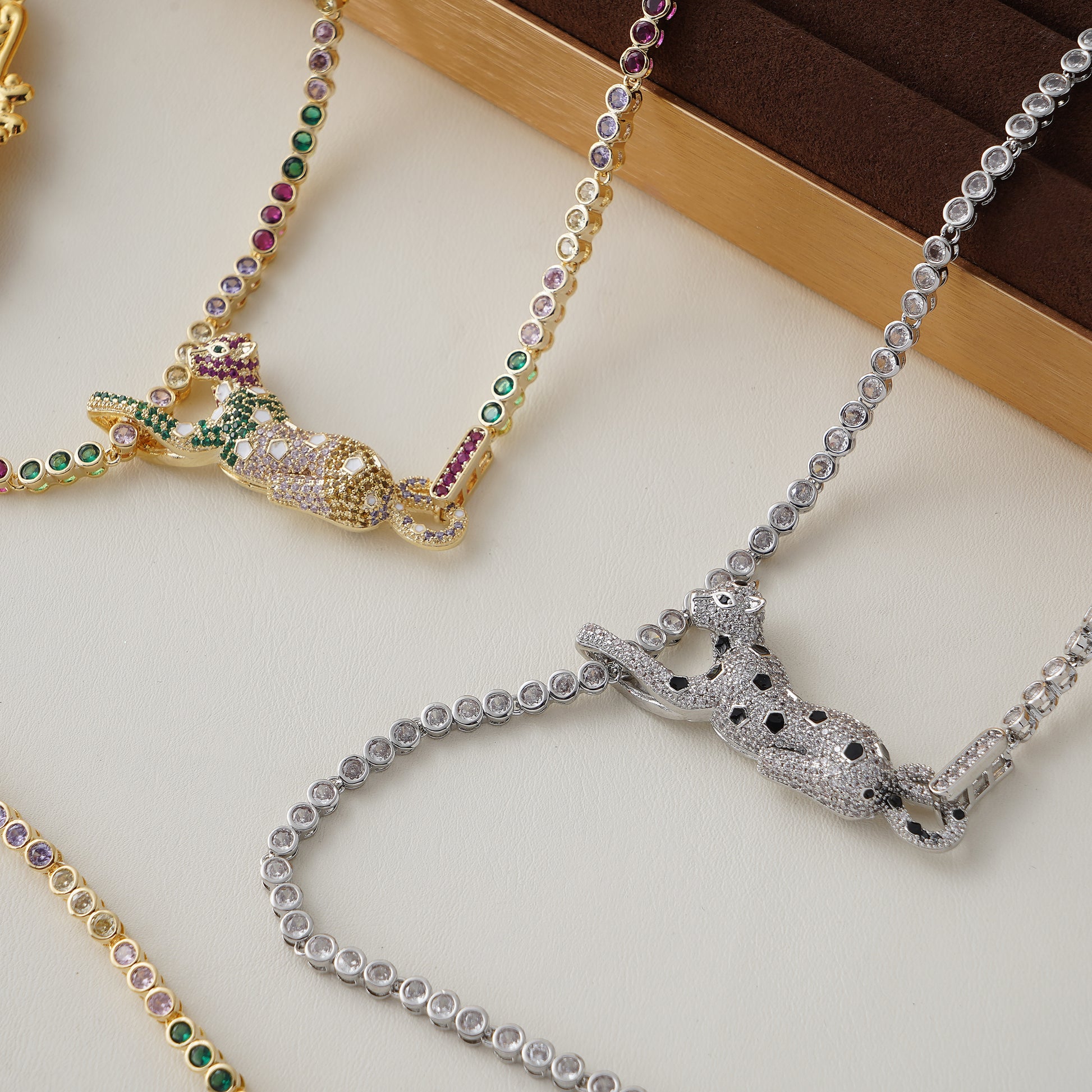 Leopard Adjustable Length Necklace with Pave Multicolor Simulated Diamond and Pearl in Yellow Gold Plating 24"- Stars and Vogue