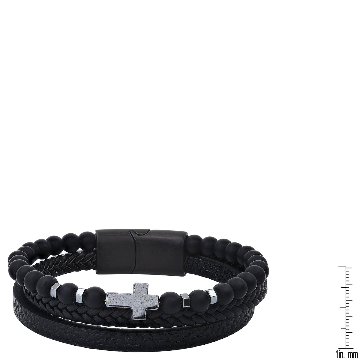 Men's Layered Leather & Lava Bead Cross Bracelet