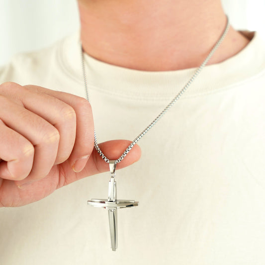 316L stainless steel cross pendant necklace with a high-polish finish and 24 inch chain.