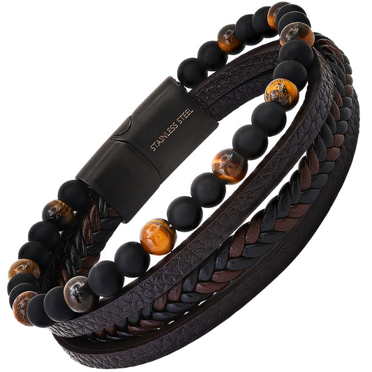 Multi-layer men's bracelet with black braided leather, brown leather strands, and natural tiger eye and lava stone beads