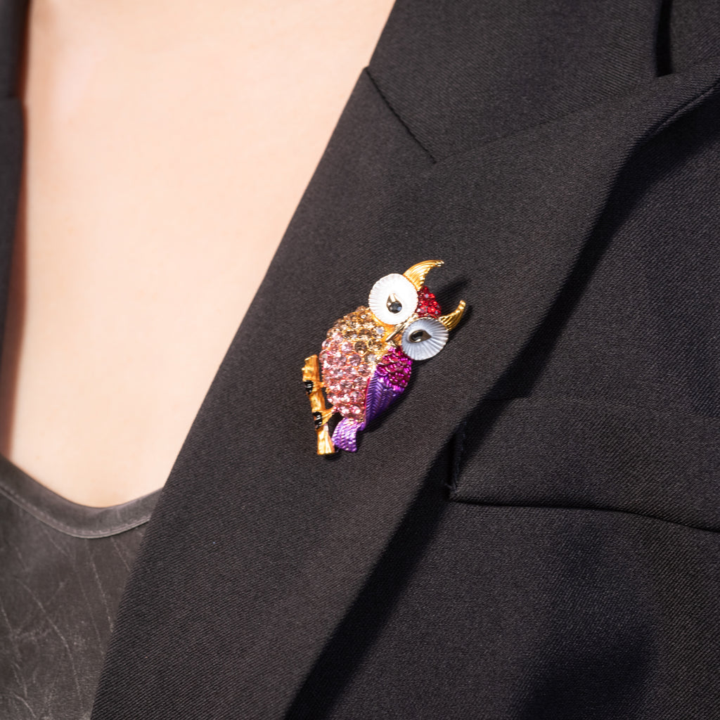 multicolor enamel night owl brooch pin with sparkling crystal accents