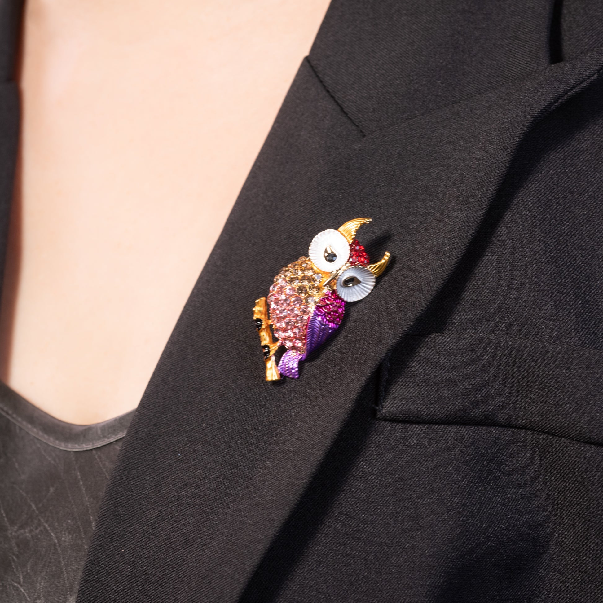 multicolor enamel night owl brooch pin with sparkling crystal accents