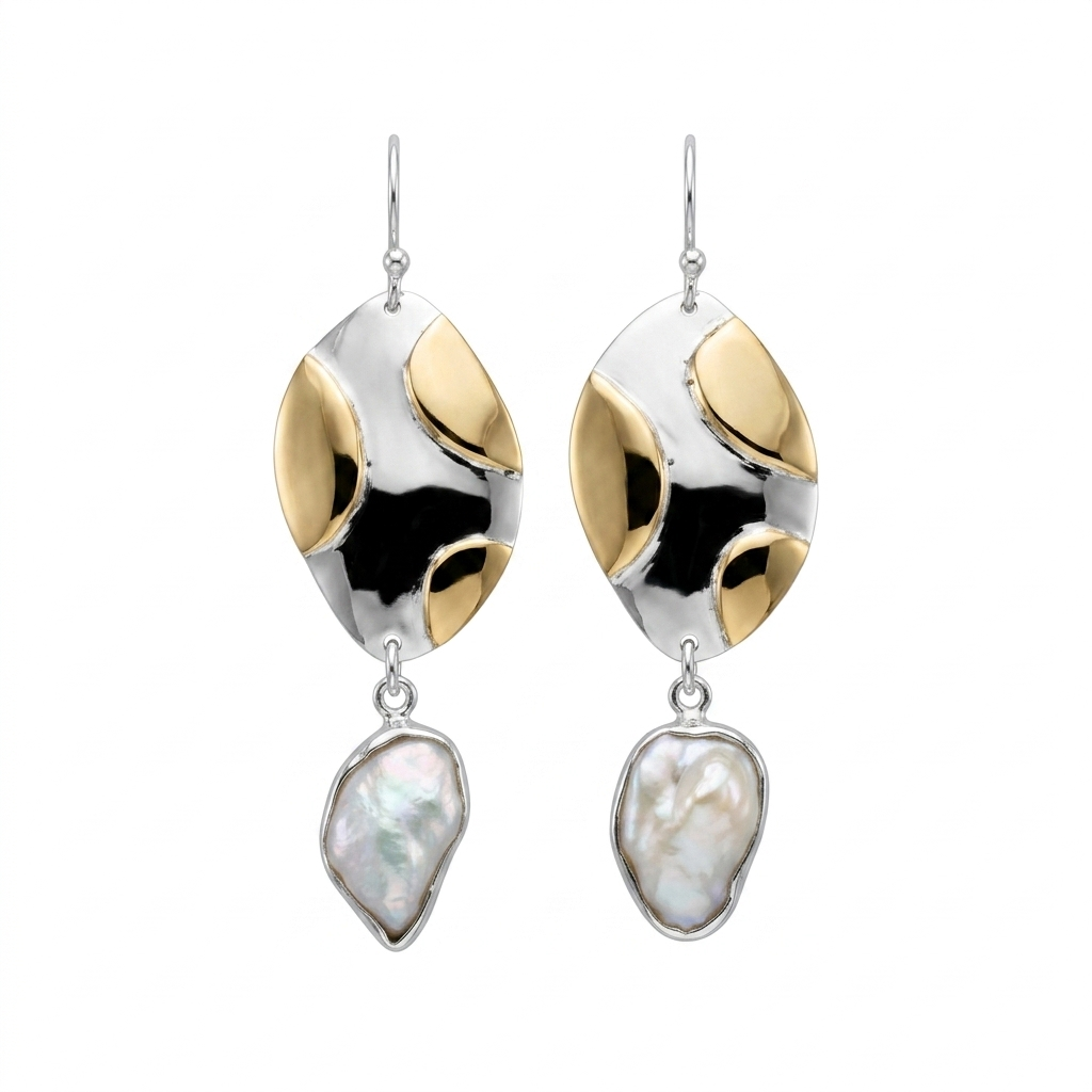Designer pearl drop earrings in sterling silver with gold plated accents and organic freshwater pearl charms