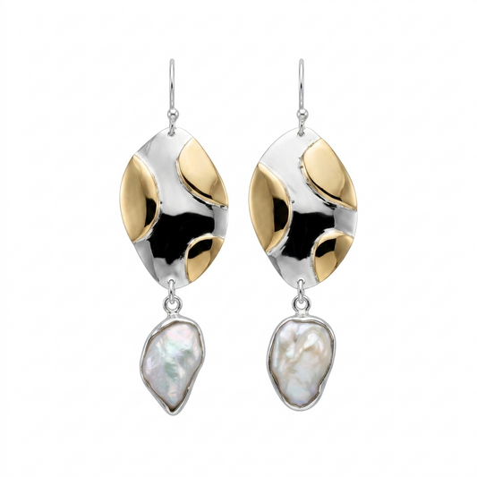 Designer pearl drop earrings in sterling silver with gold plated accents and organic freshwater pearl charms