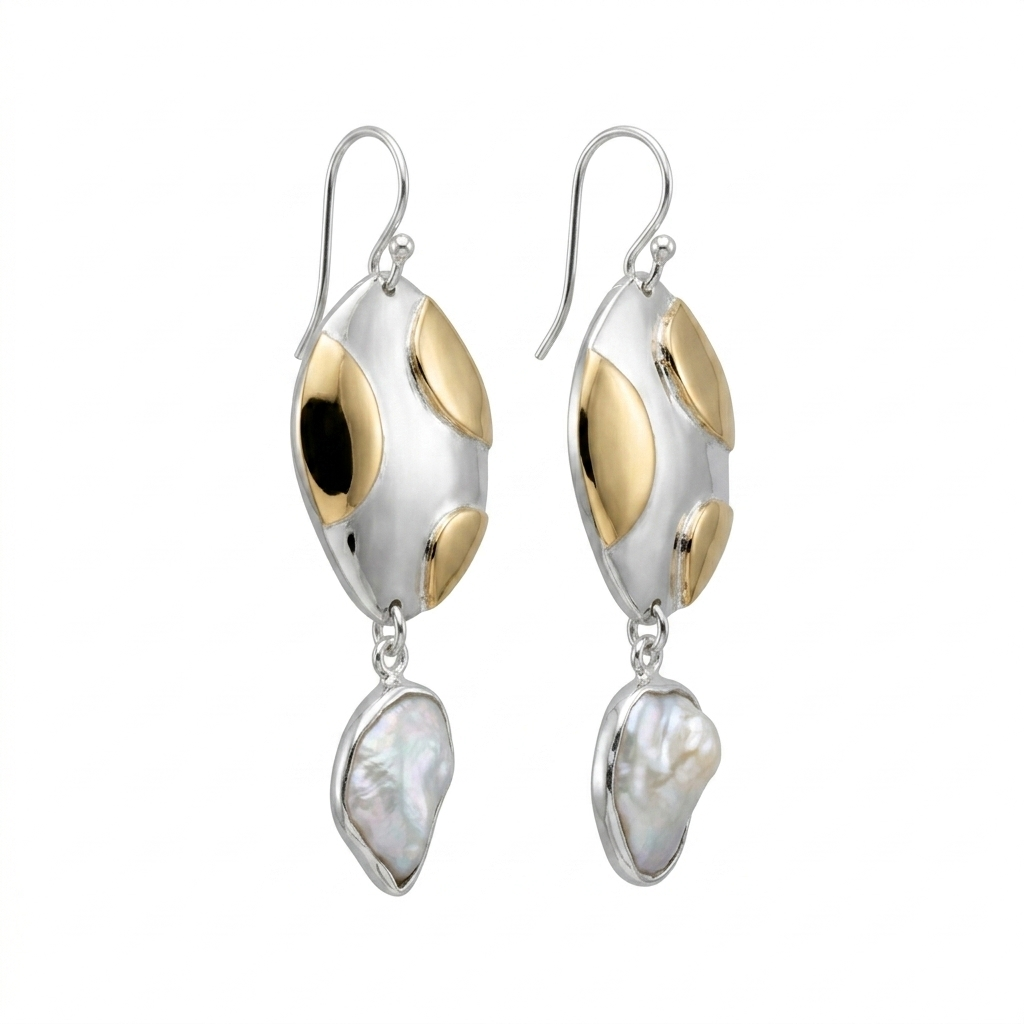 Modern pearl drop earrings in sterling silver with yellow gold detailing and freshwater pearl drops