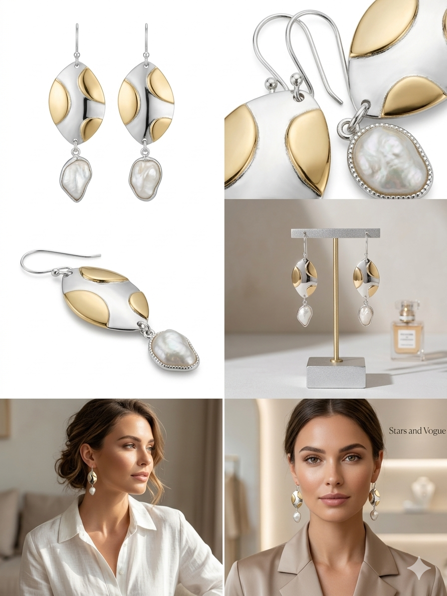 Collage of gold and silver earrings with a woman wearing them.