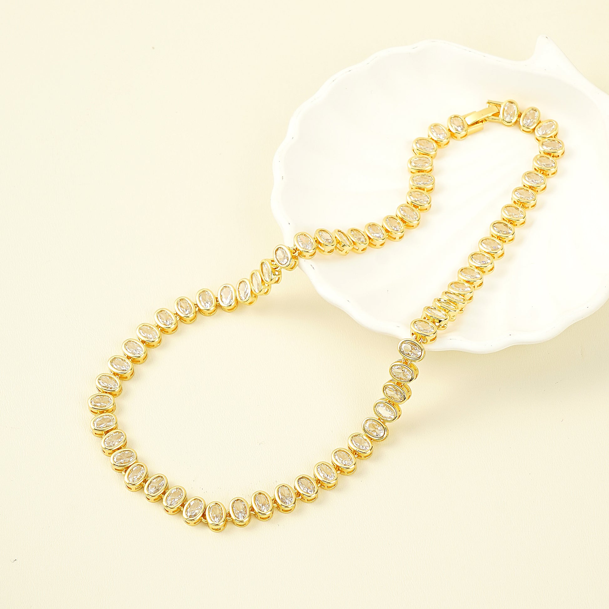 Oval Cut Tennis Necklace 18K Gold Plated CZ