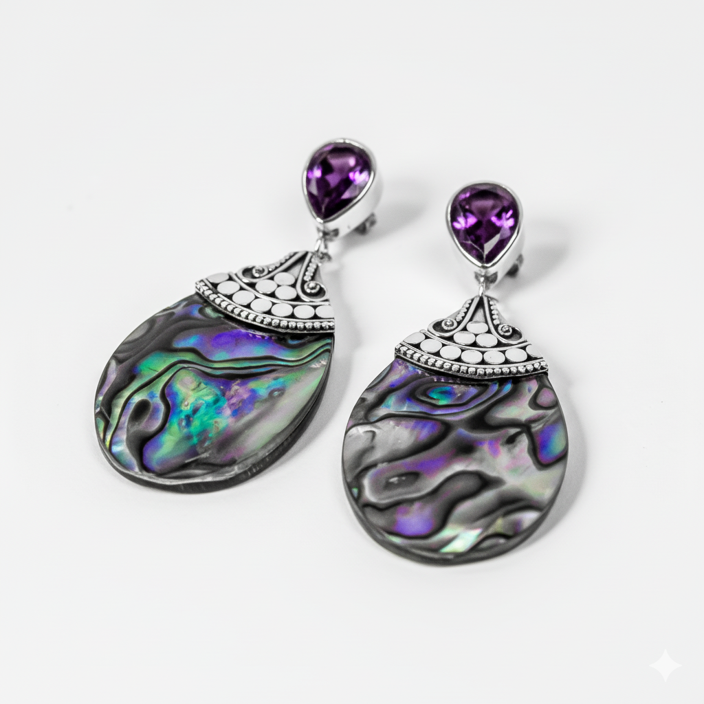 Pair of earrings with purple gemstones and abalone shell design on a white background