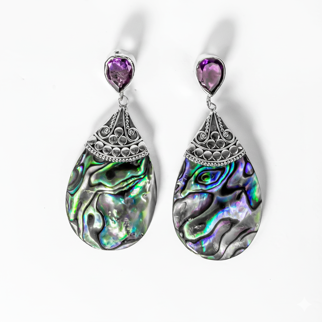 Pair of teardrop-shaped earrings with abalone shell design and purple gemstones on a white background.