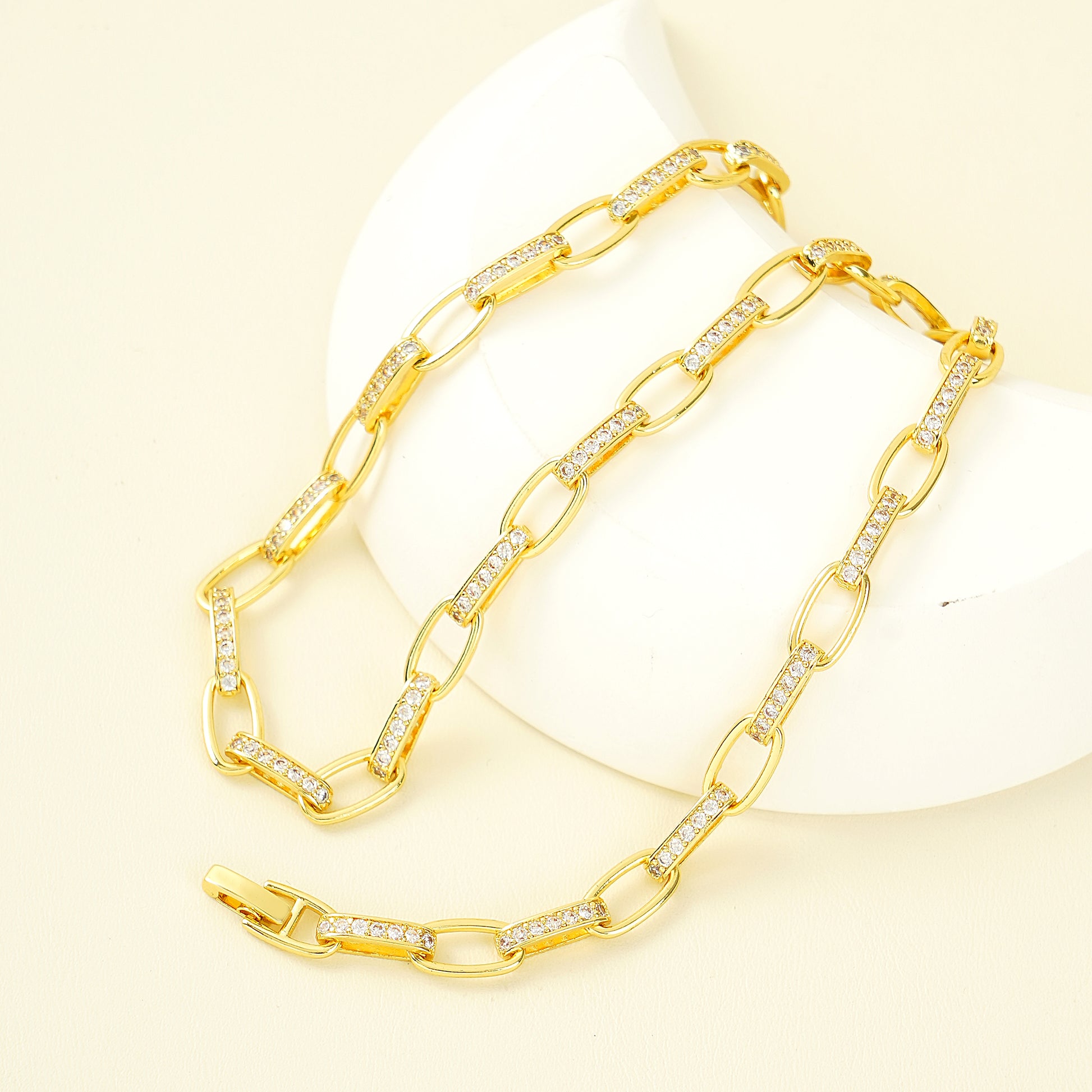 Paper Clip Necklace Yellow Gold Plated with Pave Simulated Diamond 16 inch
