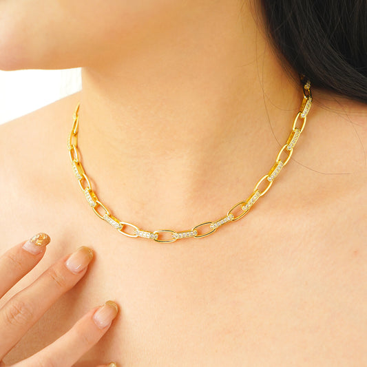 Paper Clip Necklace Yellow Gold Plated with Pave Simulated Diamond 16 inch

