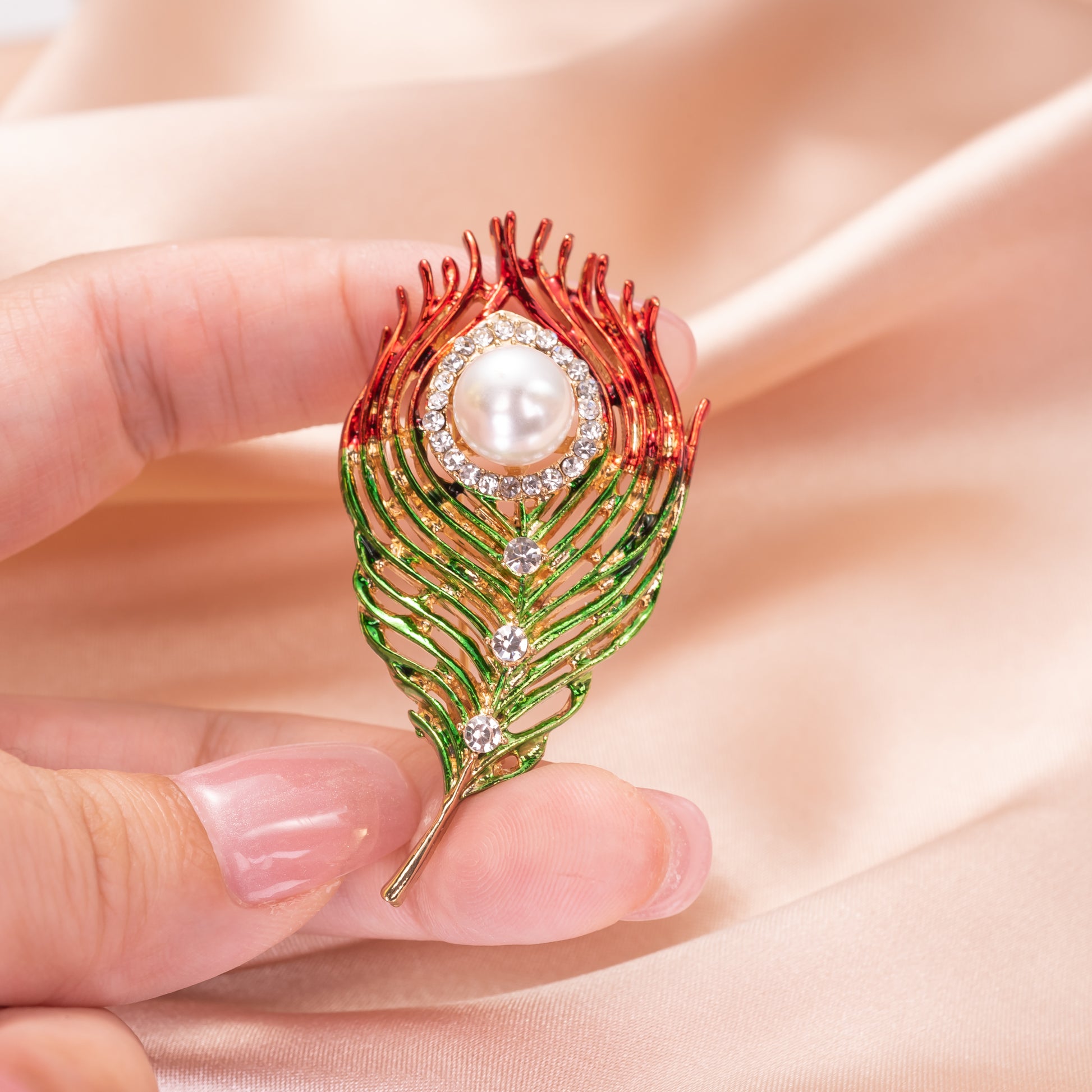 Peacock Feather Brooch with Real Pearl & Crystals