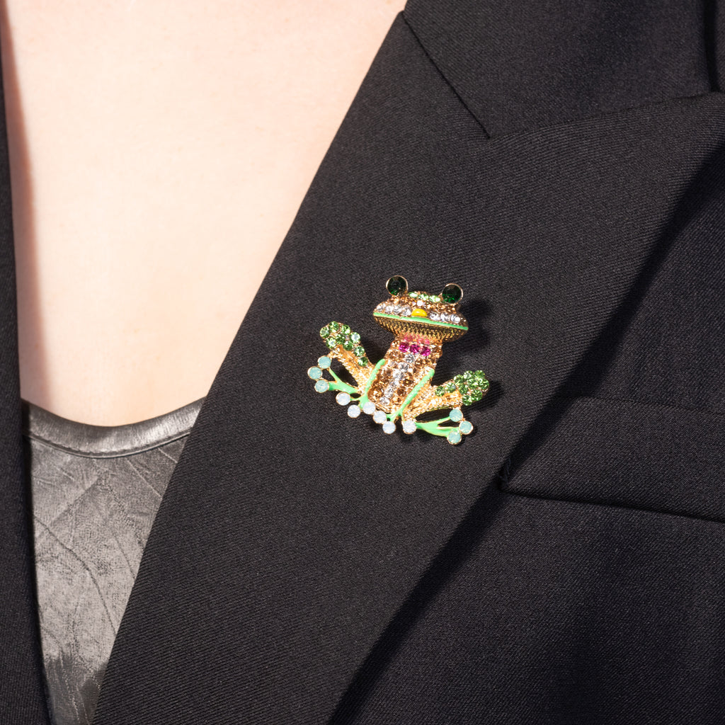green enamel happy frog brooch pin with sparkling crystal accents