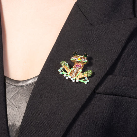 green enamel happy frog brooch pin with sparkling crystal accents