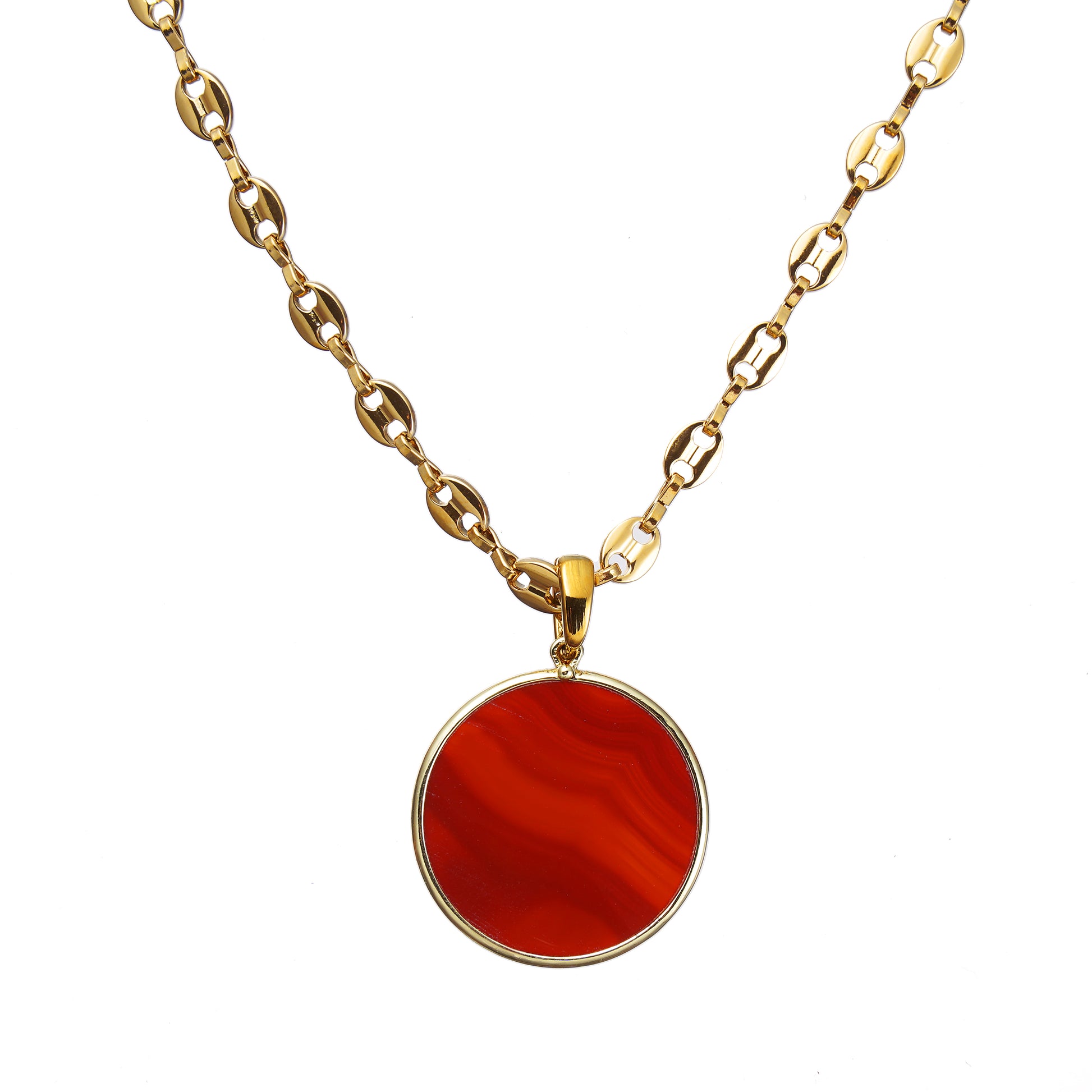 Red necklace with a round gemstone pendant on a white background