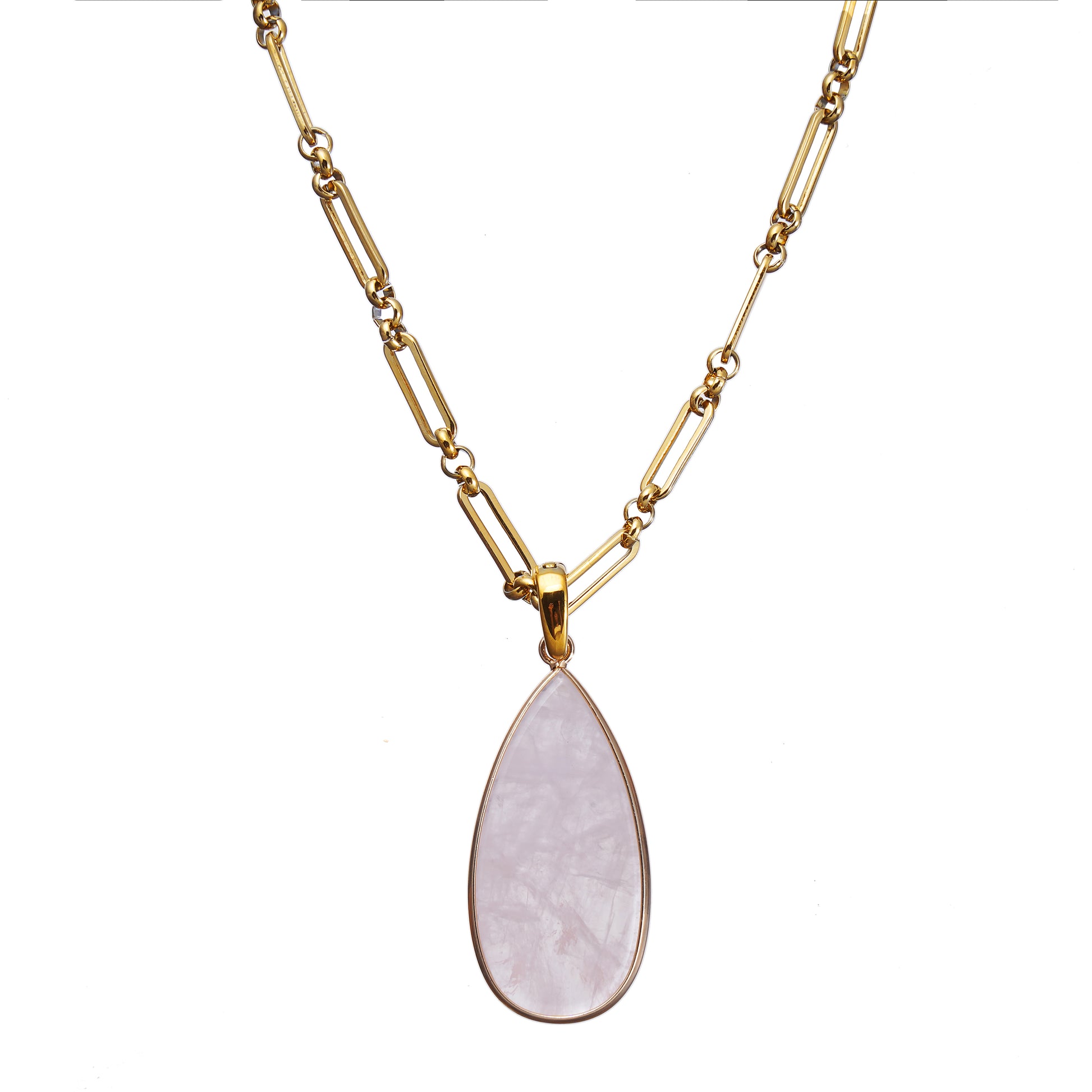 Gold necklace with a teardrop-shaped Rose Quartz pendant on a white background