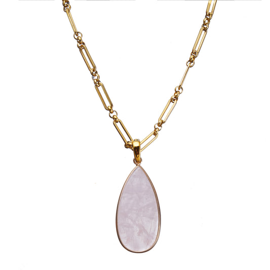 Gold necklace with a teardrop-shaped Rose Quartz pendant on a white background