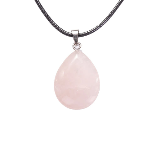Pink Rose Quartz Pear  pendant on a black cord against a white background