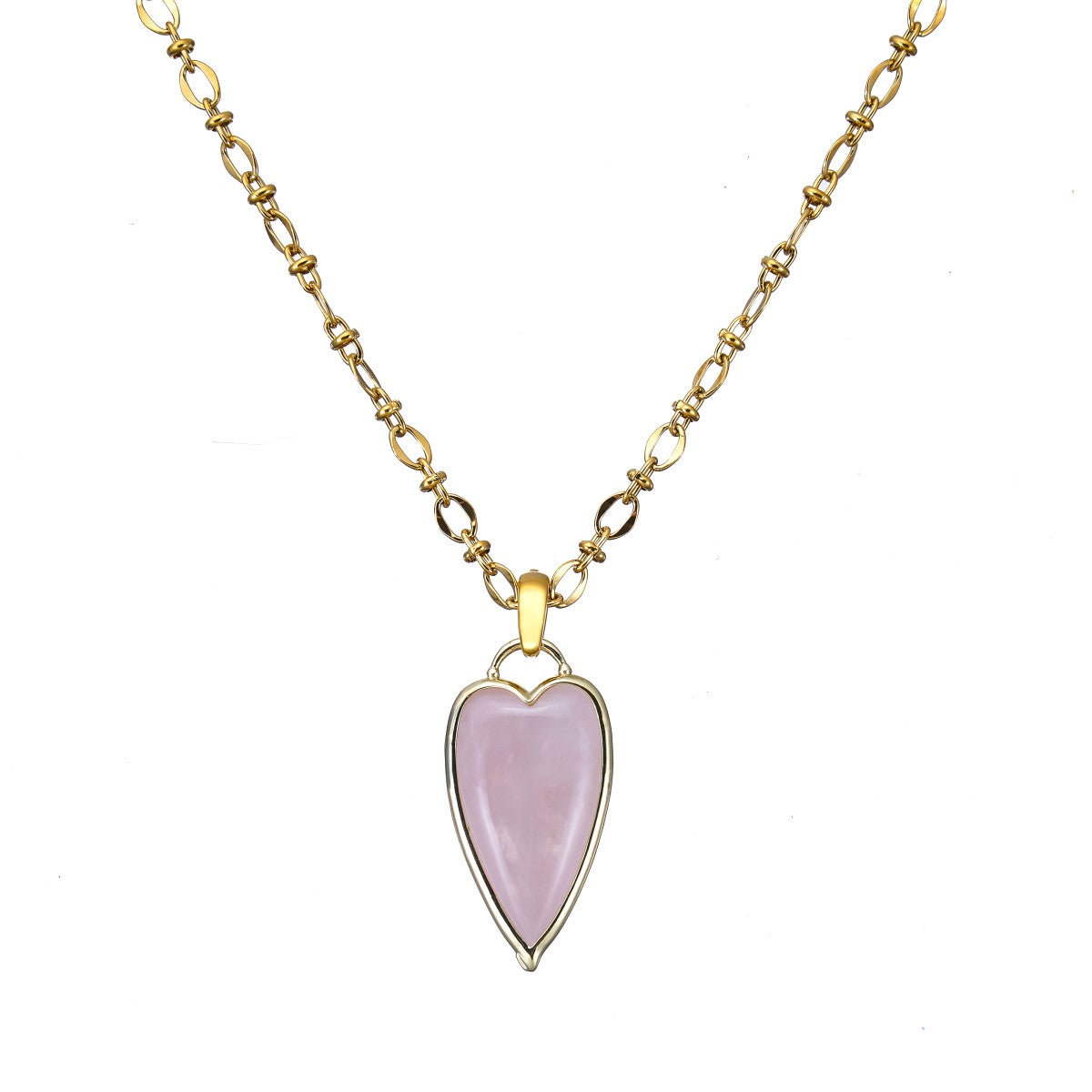 Necklace with a pink heart-shaped pendant on a gold chain against a white background