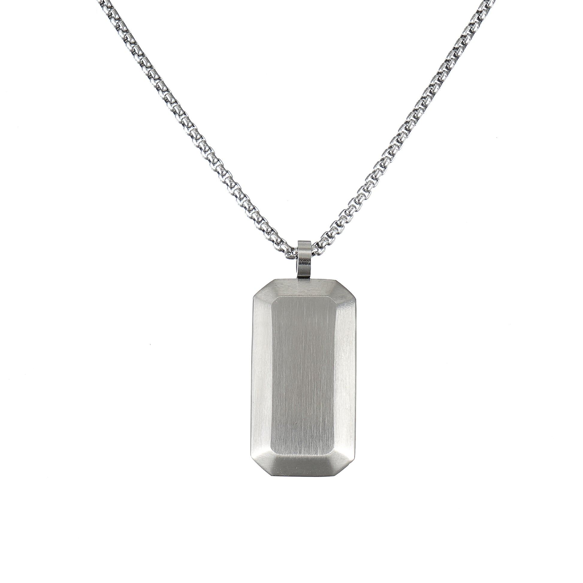 Silver rectangular Dog Tag pendant on a chain against a white background