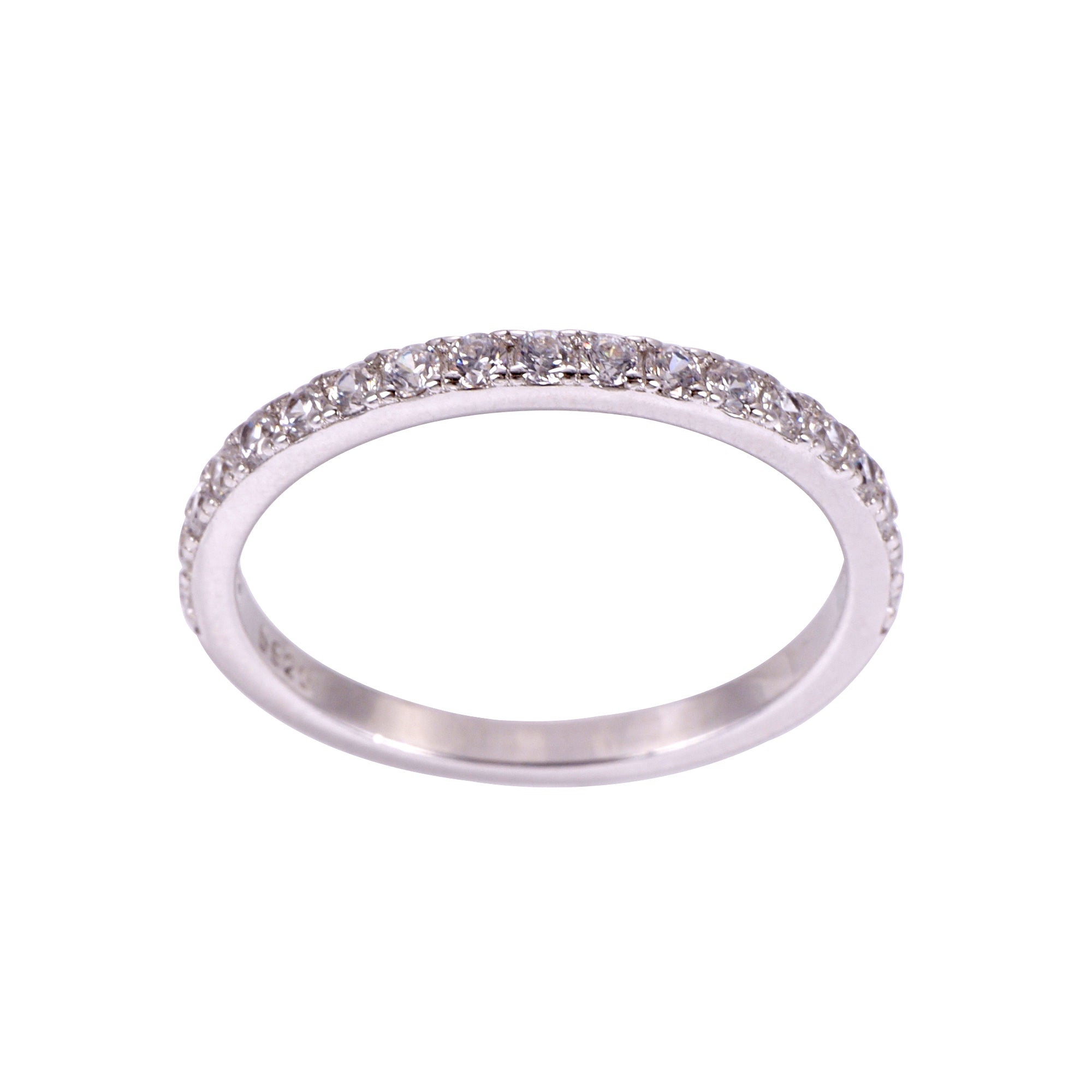 Silver ring with small diamonds on a white background