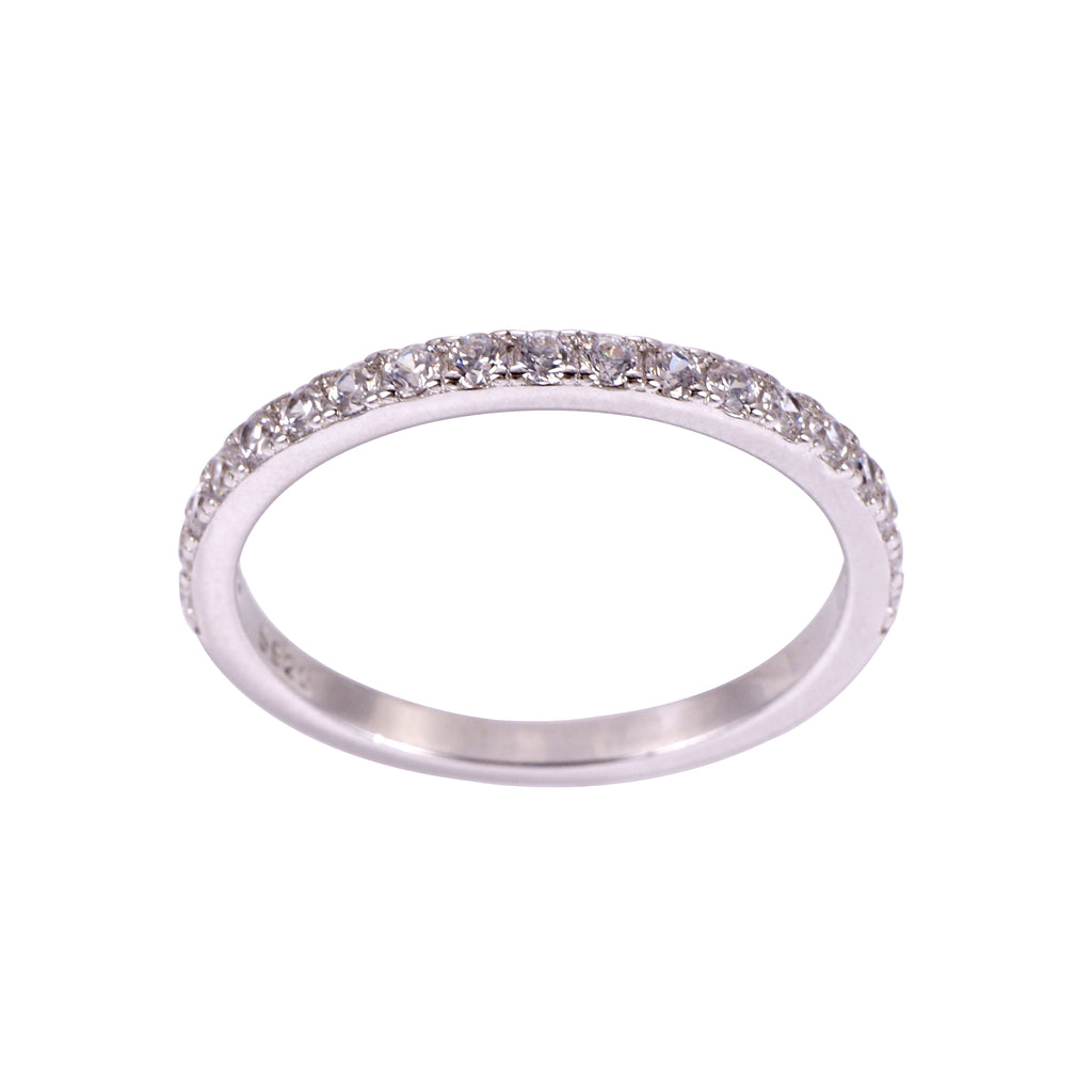 Silver ring with small diamonds on a white background