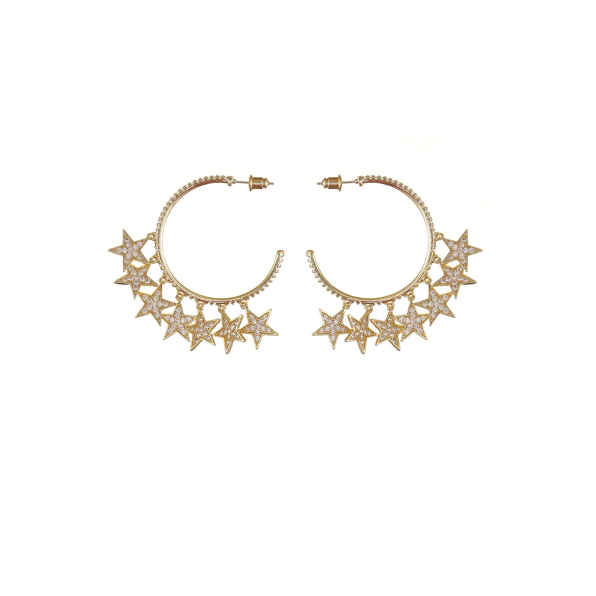 Stars Charm Hoop Earring with Pave Simulated Diamond in Brass and Silver Post in Yellow Gold Plating- Stars and Vogue