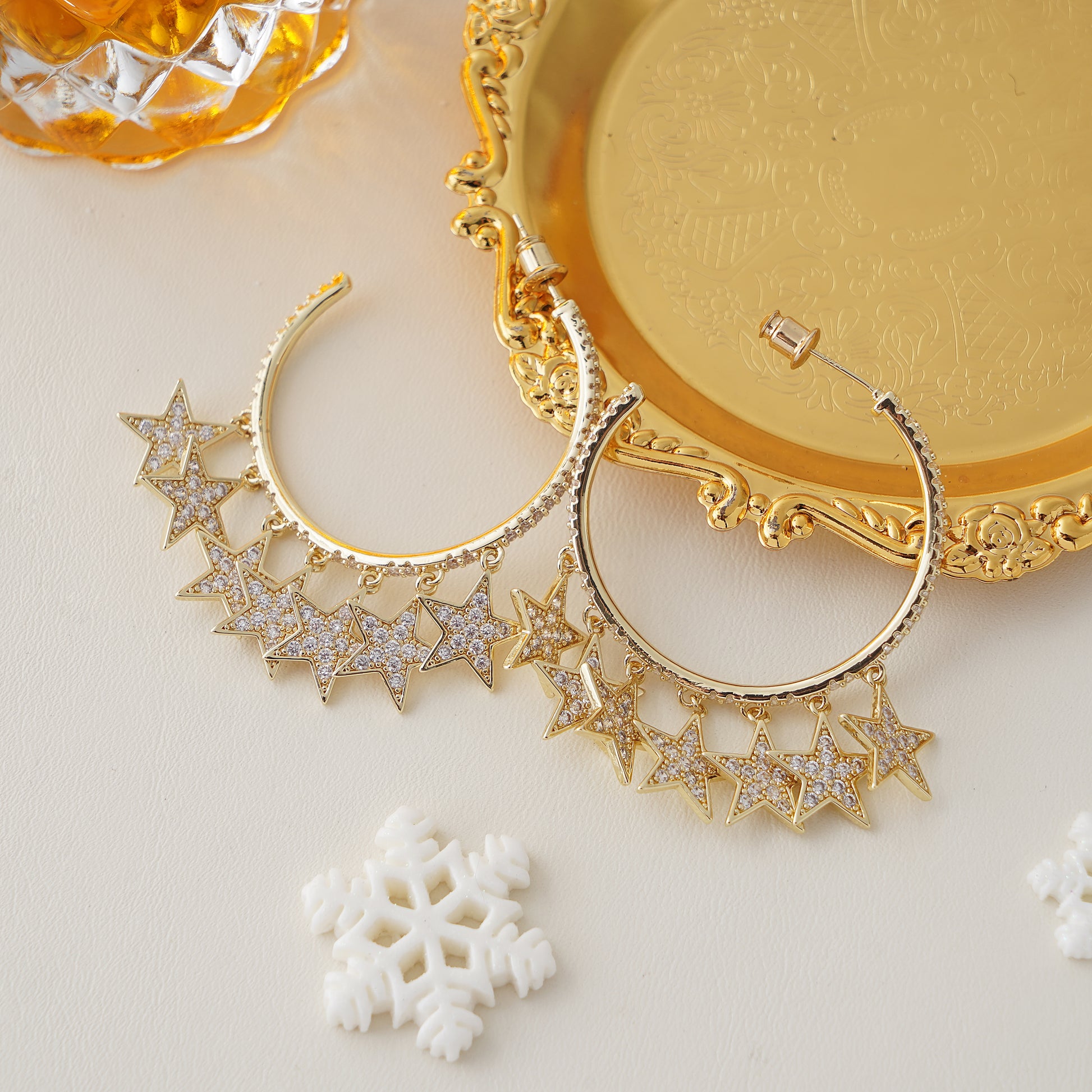 Stars Charm Hoop Earring with Pave Simulated Diamond in Brass and Silver Post in Yellow Gold Plating- Stars and Vogue