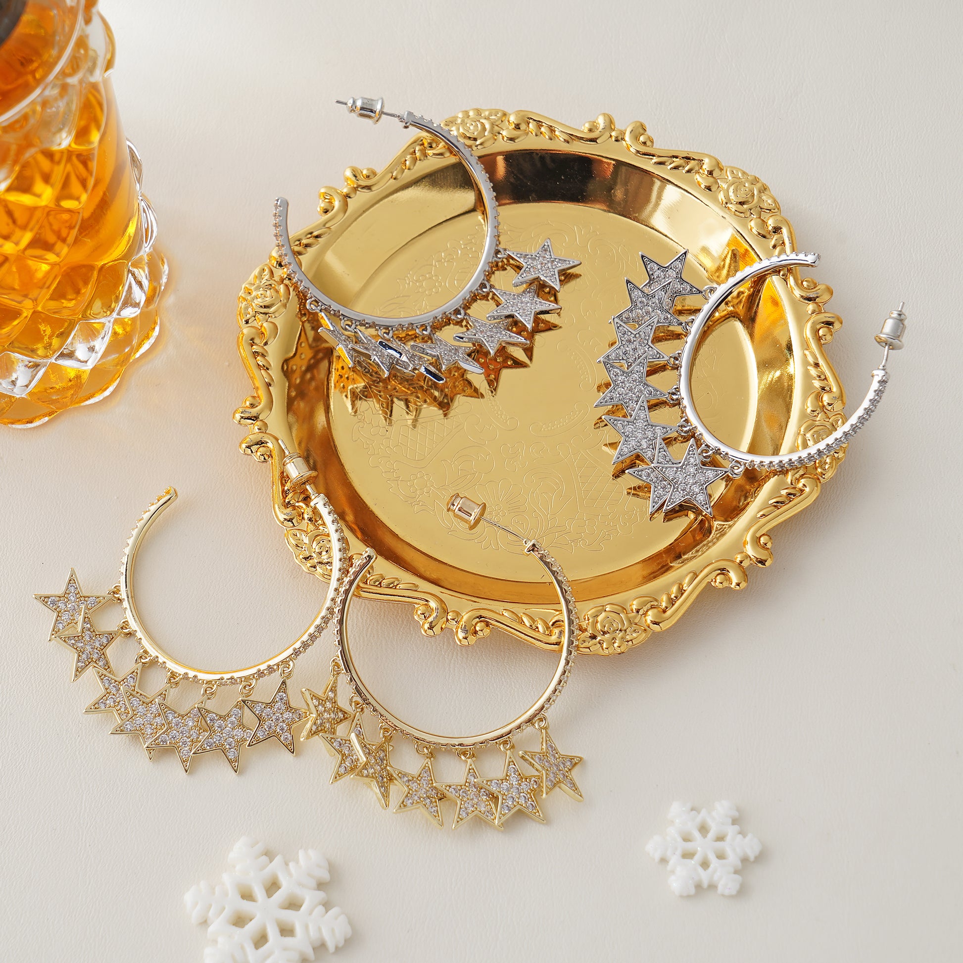 Stars Charm Hoop Earring with Pave Simulated Diamond in Brass and Silver Post in Yellow Gold Plating- Stars and Vogue