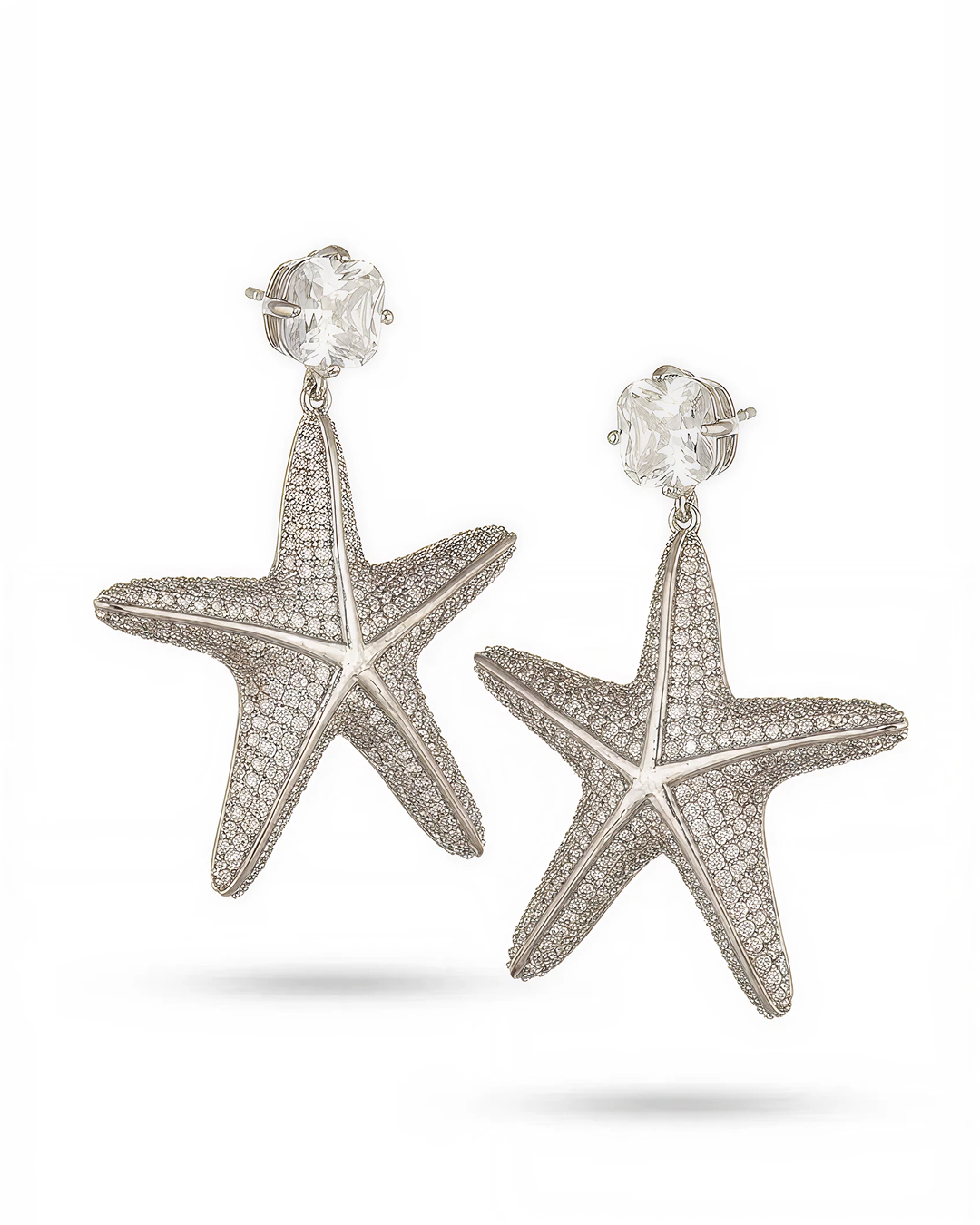 Statement Starfish earring with Pave Simulated Diamond in Brass with Silver Findings 2.15"