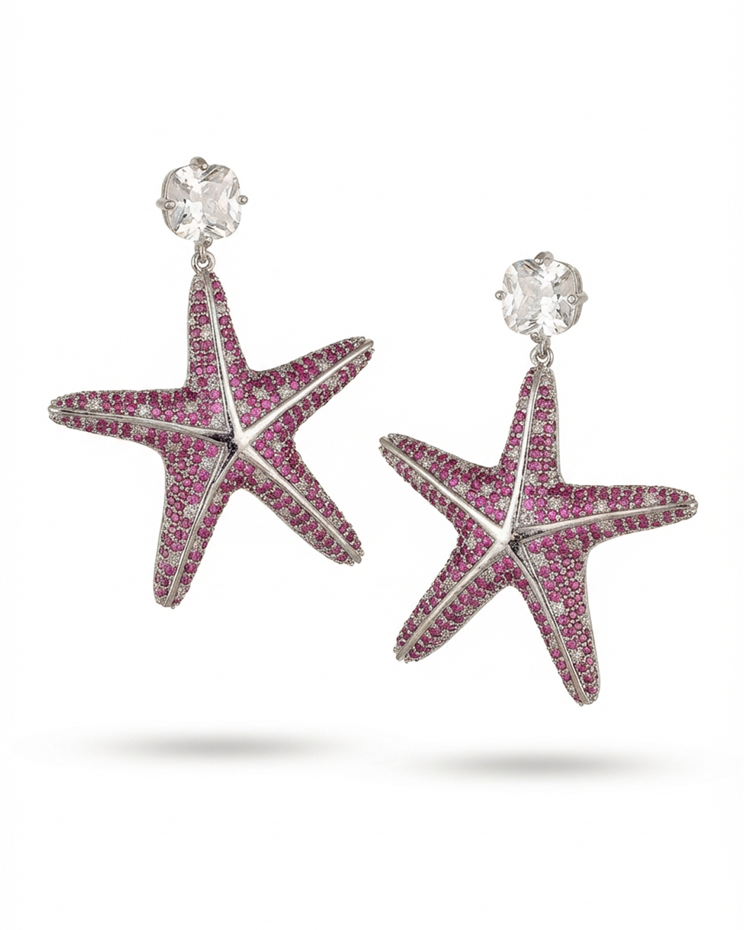 Statement Starfish Earrings with Pavé Simulated Red Diamonds in Brass with Silver Findings 2.15"