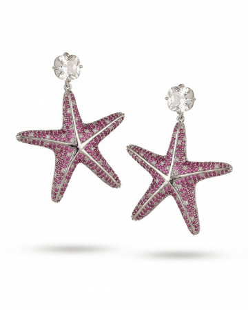 Statement Starfish Earrings with Pavé Simulated Red Diamonds in Brass with Silver Findings 2.15"