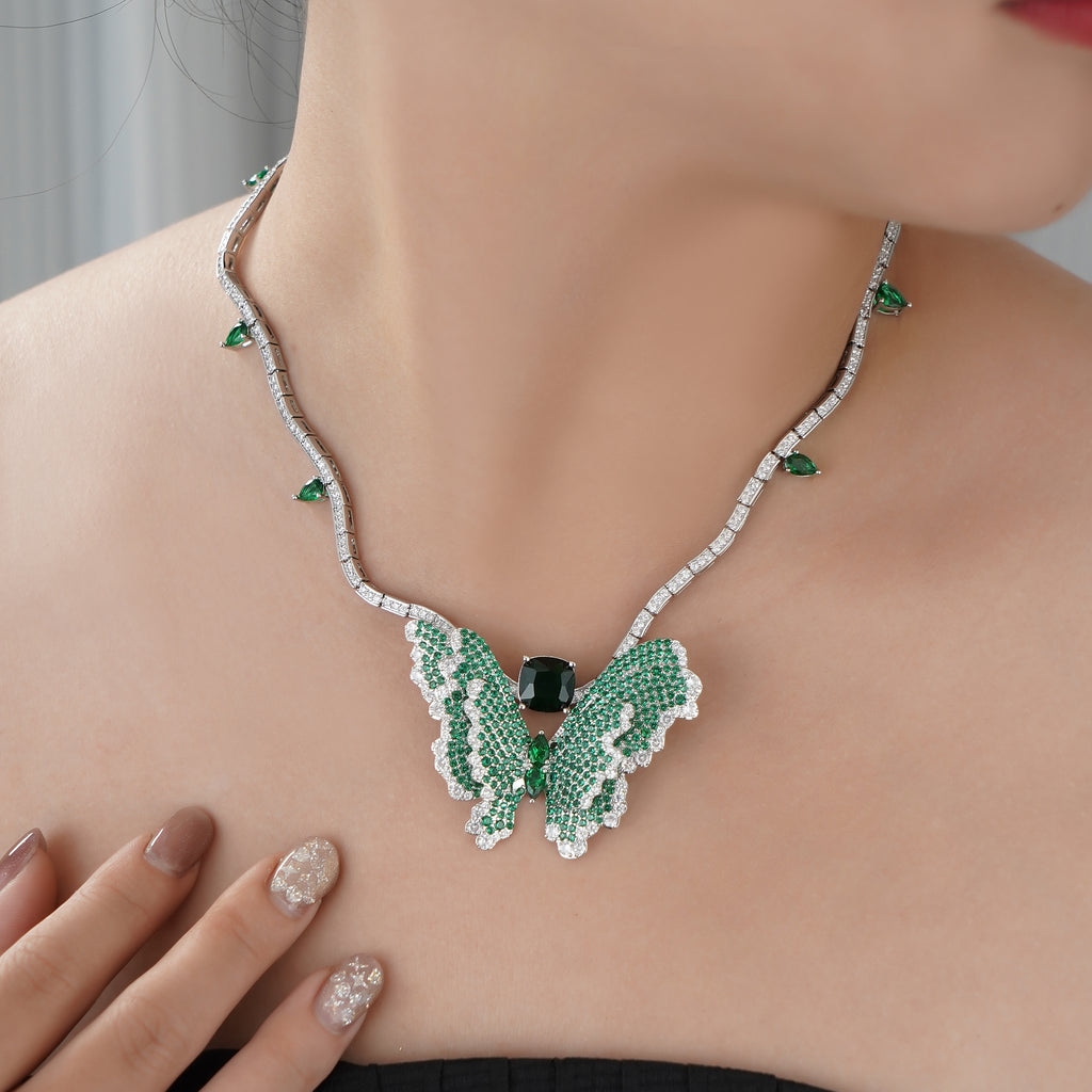 Statement Butterfly Necklace in Pave Simulated Diamond and Simulated Gemstones 16" and extenders- Stars and Vogue