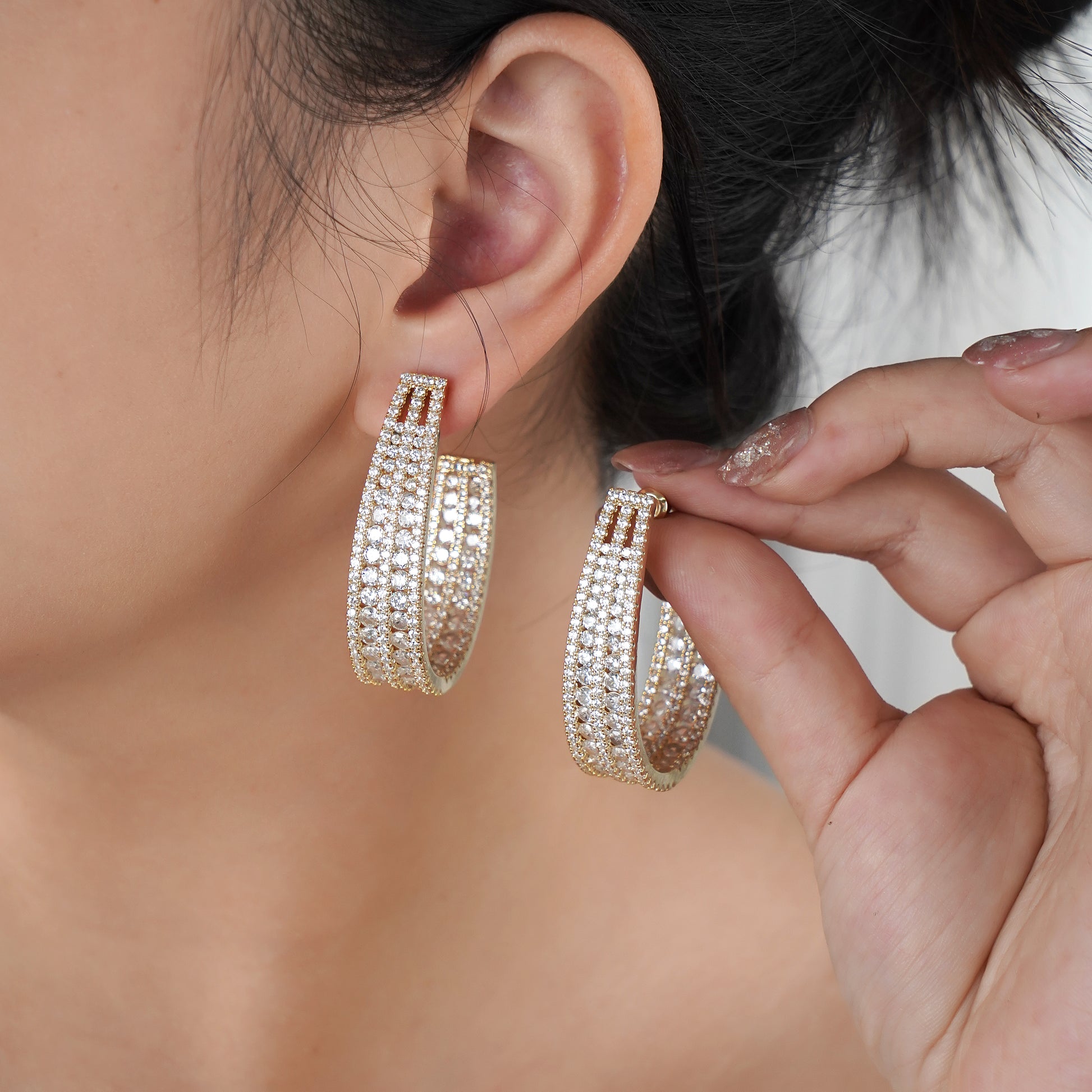 Inside out Statement Hoop Earring with Simulated Diamond in Brass in Yellow Gold plating and Silver post- Stars and Vogue