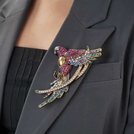 Statement Parrot Brooch Pin Jewelry with Multicolor Crystal in Yellow Gold Plating over Brass- Stars and Vogue