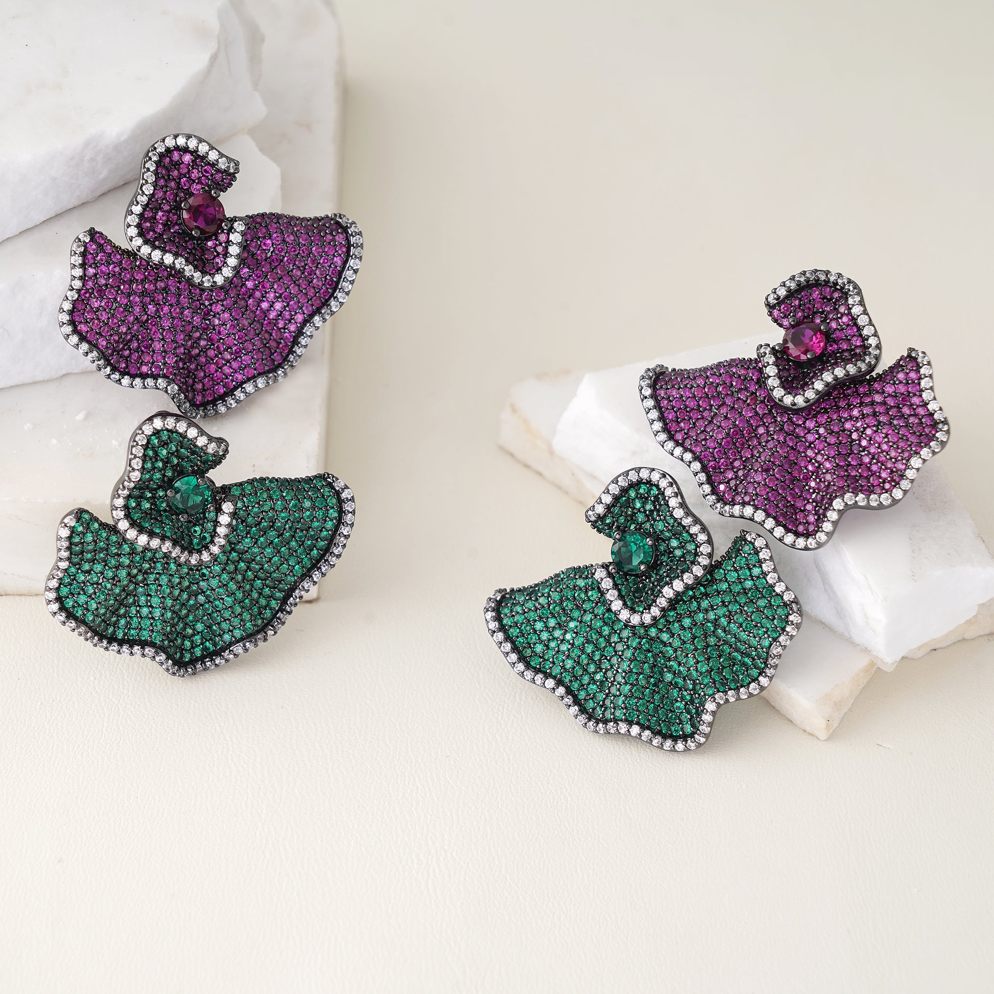 Designer Statement Simulated Green Pave Gemstone Earring in Brass with Silver findings- Stars and Vogue