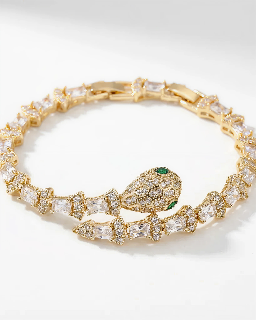 Statement Snake Bracelet in Pave Simulated Diamond in Yellow Gold Over Brass 7.5"and Extender
