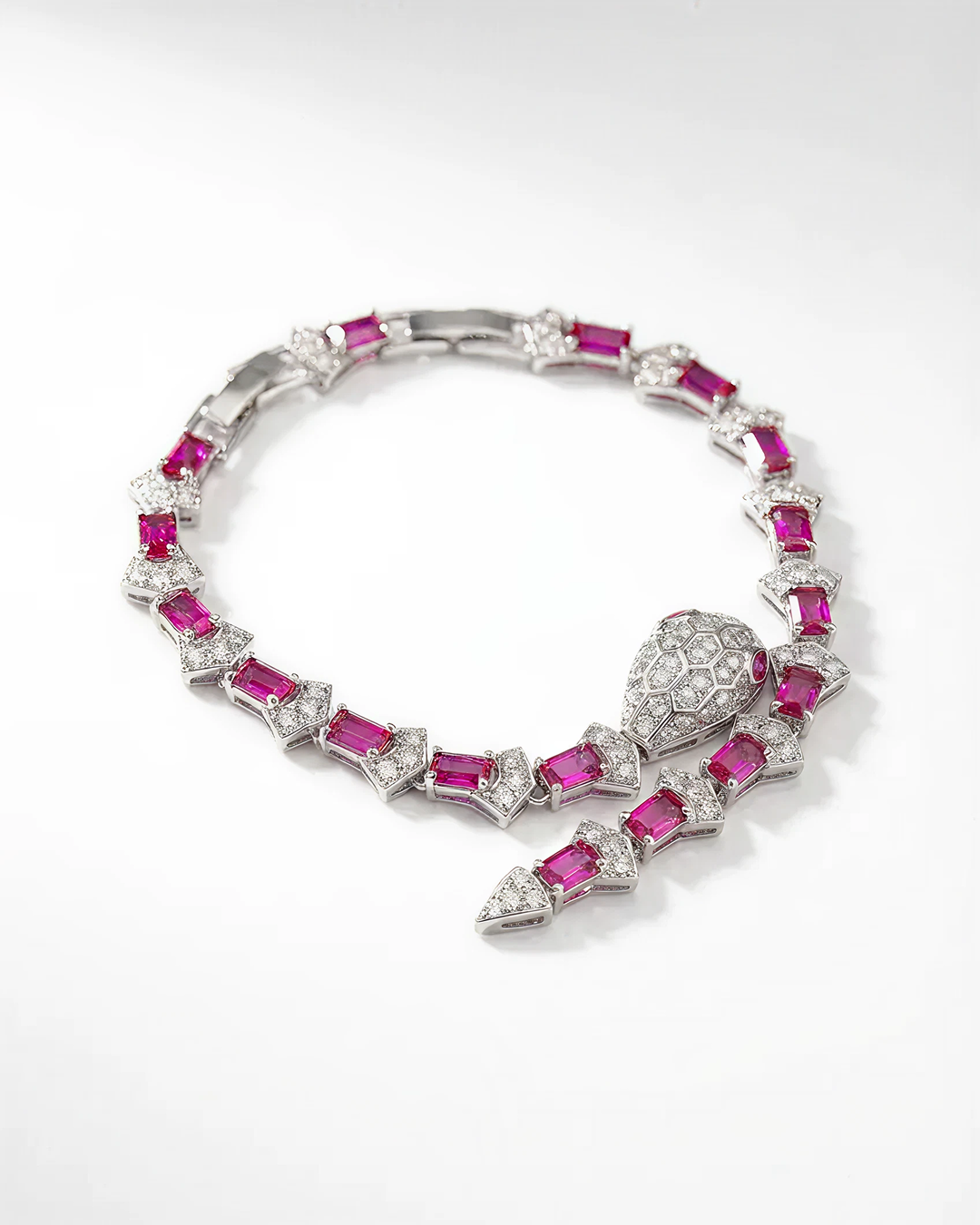 Statement Snake Bracelet in Pave Simulated Diamond and Simulated Ruby in Brass 7.5"and Extender