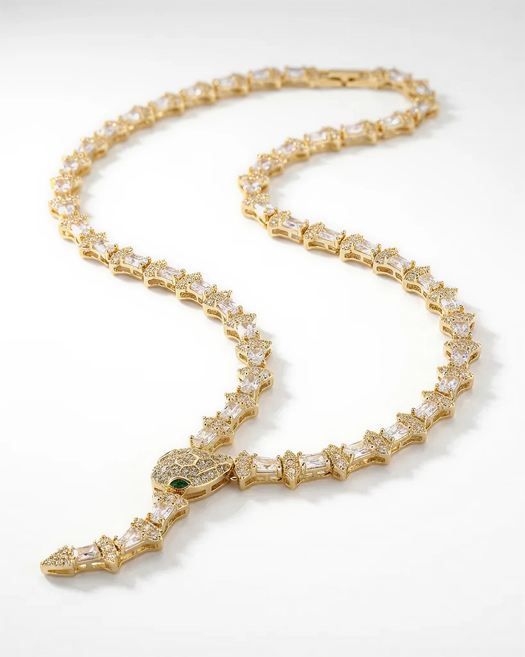 Statement Snake Necklace in Pave Simulated Diamond in Yellow Gold Over Brass 17"and Extender