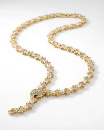 Statement Snake Necklace in Pave Simulated Diamond in Yellow Gold Over Brass 17"and Extender