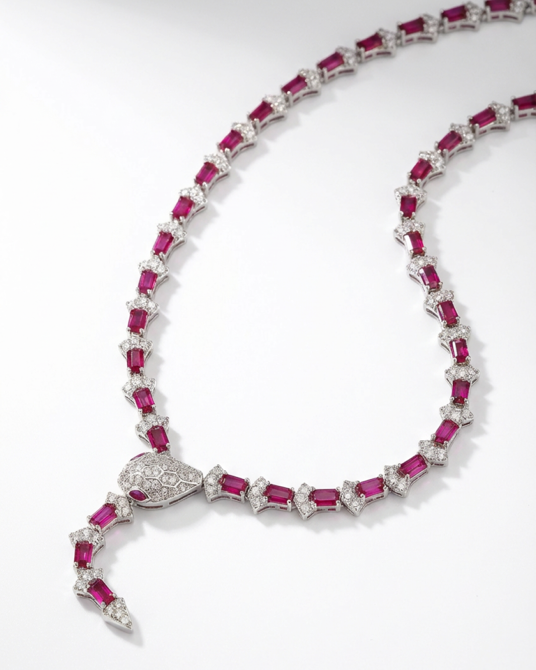 Statement Snake Necklace in Pave Simulated Diamond and Simulated Ruby in Brass 17" and Extender